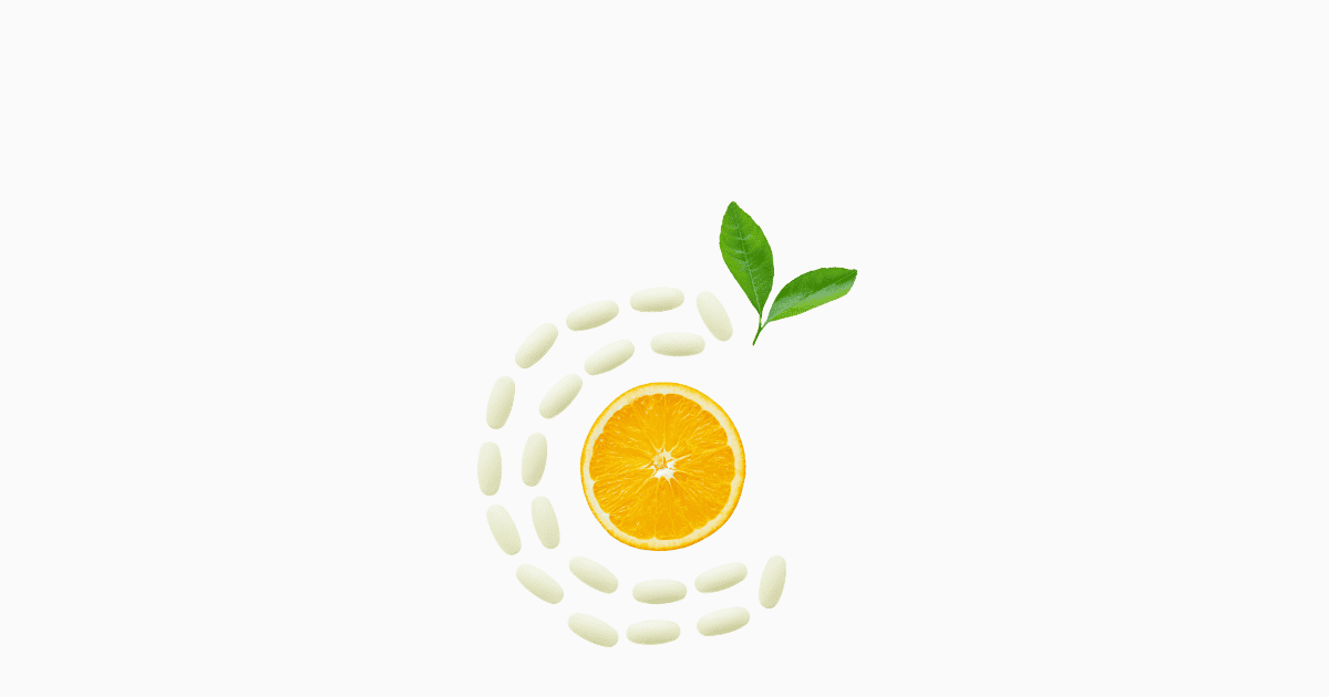A half orange slice, symbolizing natural Vitamin C supplement, is surrounded by white pills arranged in a spiral shape, with two green leaves on top, all set against a white background.