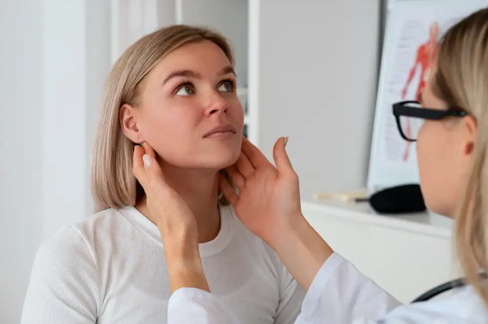 A doctor examines a woman’s neck by gently touching it while the woman looks upward, seated in a medical office with anatomy charts in the background.