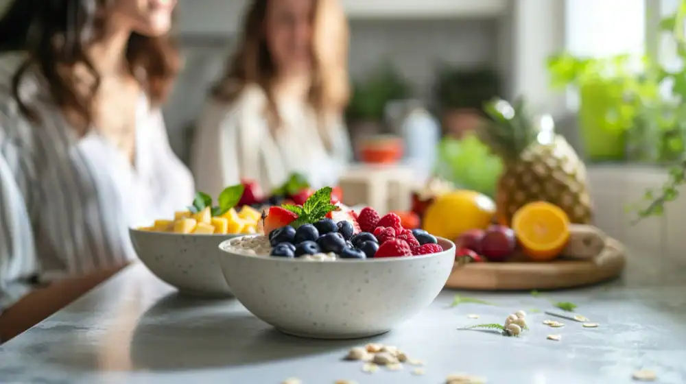 Bowl of fruits on table with women in the background, In Good Nutrition