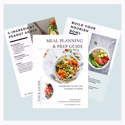 Three meal planning guide pages featuring colorful salads, a peanut sauce recipe, and a “build your nourish bowl” layout with photos of healthy food and ingredients.