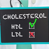 Cholesterol written on a small chalk board with HDL and LDL cholesterol