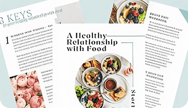 Three overlapping pages featuring recipes and tips, with photographs of food, including berries and yogurt. The visible title reads “A Healthy Relationship with Food.” Text and images are partially visible on each page.