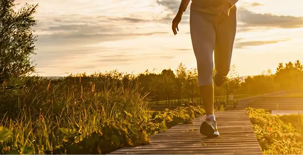 Person jogging on a wooden path through grassy fields at sunset, with warm sunlight casting long shadows and trees in the background.